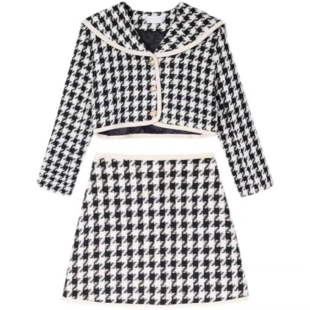 韩国chic法式海军领开衫千鸟格短外套+高腰A字包臀半身裙针织套装