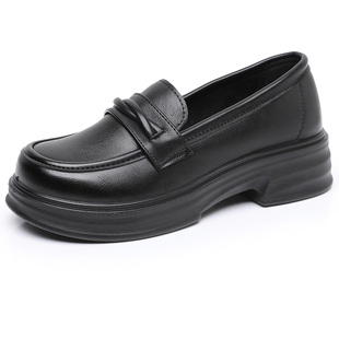 黑色小皮鞋女肯德基工作乐福鞋防滑软底职业上班英伦厚底4cm单鞋