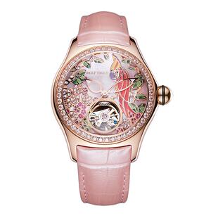 联名瑞夫泰格新款国潮时尚鹦鹉手表女机械表皮表带女士手表3D女表