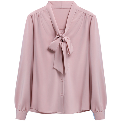 图曼朵光泽缎面蝴蝶结绑带衬衫女