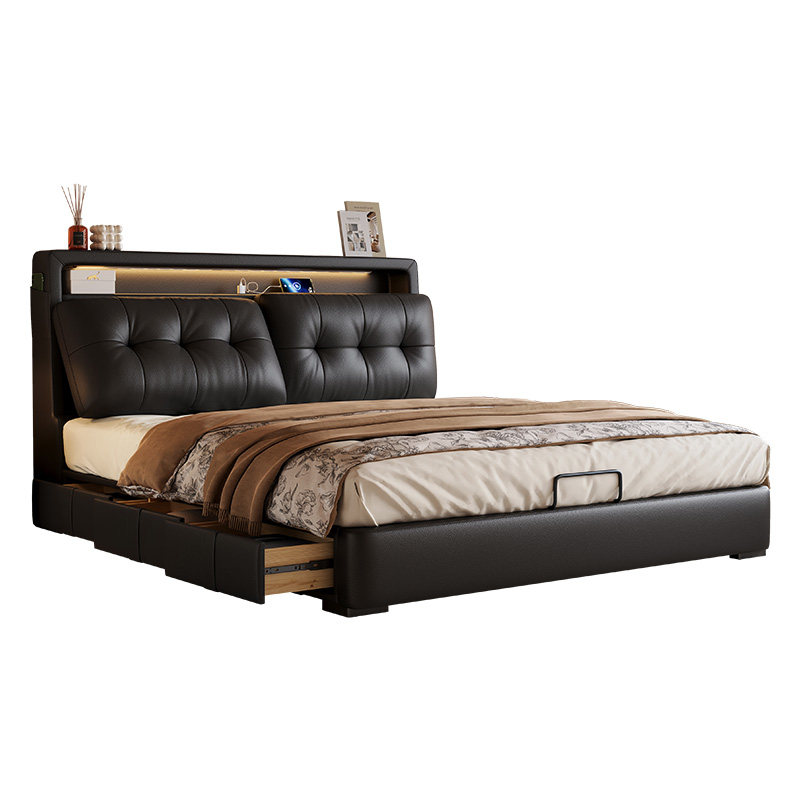 政府补贴馨佰利真皮床1米8主卧大床2025新款中古风双人床储物皮床