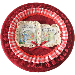 原创手作彼得兔lolita小物酒红发饰套装礼帽边夹贝雷帽手袖发带kc