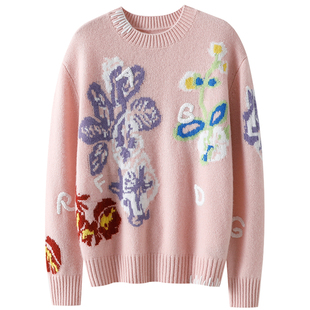 气质加分王~绣花加厚100%纯山羊绒衫女圆领羊绒毛衣宽松秋冬新款