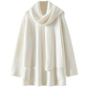 高定富家气场！加厚100%山羊绒开衫女纯羊绒毛衣连围巾中长款外套