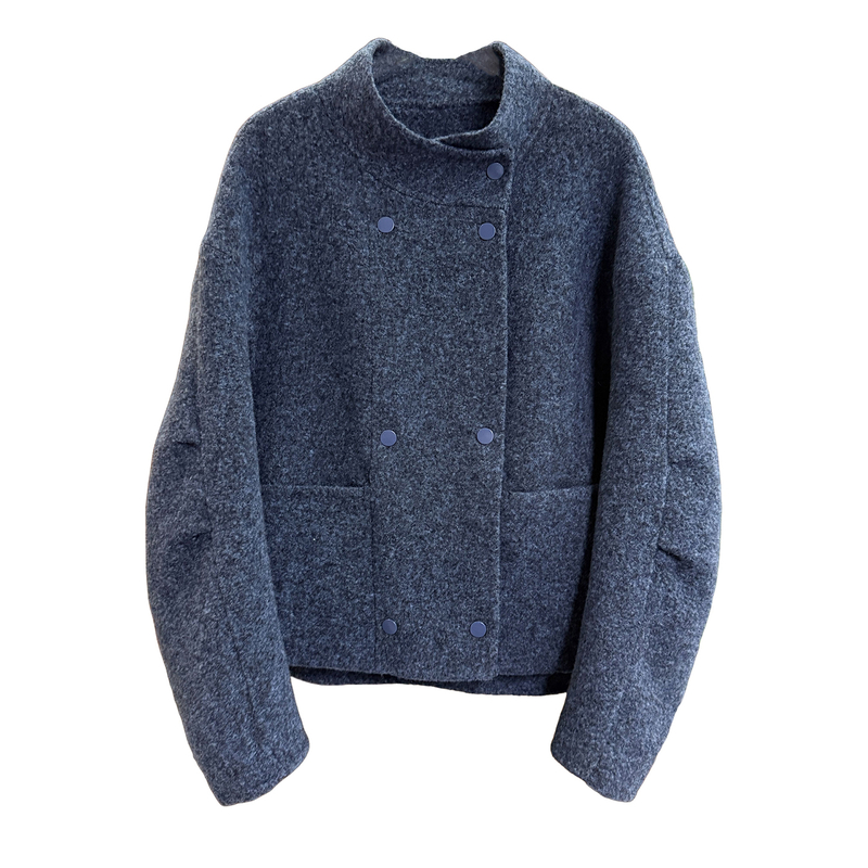 莼尾尖货！宽松羊驼毛羊毛双面呢双排扣圆领短外套女  M805875~JS