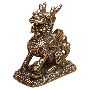 纯黄铜招财公母一对麒麟摆件镇宅吉祥物办公室客厅家居工艺装饰品