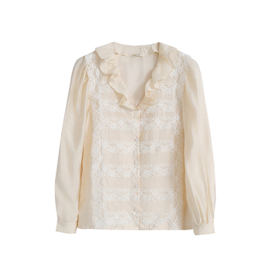 MELLOW SENSE 2026SS复古千金风衬衫荷叶边V领重工蕾丝长袖上衣