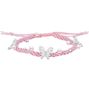 潮宏基花韵s925银仿珍珠手链银饰手绳蝴蝶银珠新中式粉绳生日