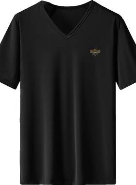 莫代尔黑色短袖t恤男V领潮牌潮流夏季上衣服冰丝半袖青少年打底衫