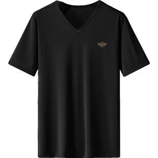 莫代尔黑色短袖t恤男V领潮牌潮流夏季上衣服冰丝半袖青少年打底衫