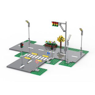 moc积木场景 城市街景人行天桥红绿灯街道路灯道路指示牌兼容国产