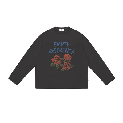 EMPTY REFERENCE 碳灰色手绘斑驳玫瑰印花雪花棉宽松上衣长袖T恤