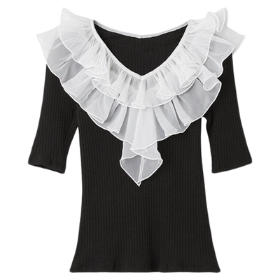 SNIDEL2025秋冬新品甜美雪纺荷叶边中袖罗纹针织衫上衣SWCT254045