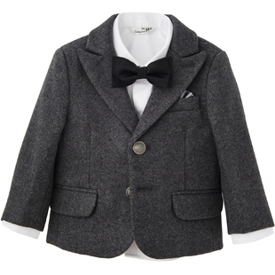 男童西装格调灰冬季加厚毛呢英伦外套模特主持人服装男宝单件西服
