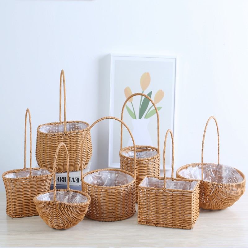 新品 手提花篮仿藤编柳编户外野餐篮编织花盆伴手礼花篮家用装饰
