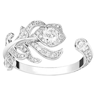 潮港福18K白金孔雀羽毛满钻戒指女纯银plume镶钻指环轻奢高级感潮