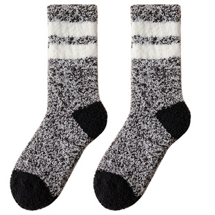 珊瑚绒袜子男士秋冬季地板袜加绒加厚家居毛绒保暖中筒睡觉睡眠袜