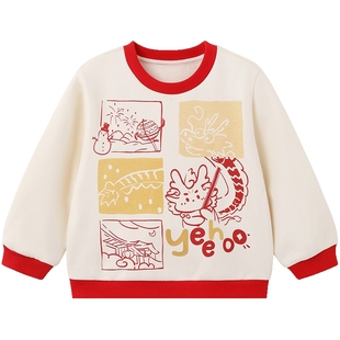 英氏儿童卫衣针织圆领男童女童秋冬保暖新款套头上衣新年红色喜庆