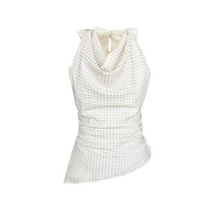 Narratorgirls米白浅蓝荡领挂脖蝴蝶结不规则下摆收腰显瘦上衣夏