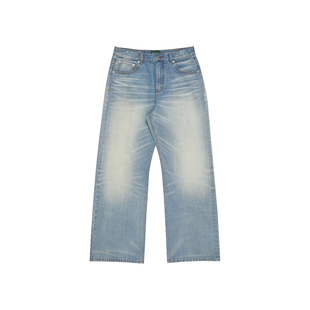 【绿标】haonanhuang 蓝线赤耳靛蓝洗水旧化猫须蜂窝宽松牛仔长裤