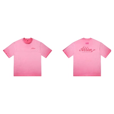 ALLIN 重磅渐变短袖t恤男夏季纯棉字母印花半袖宽松圆领情侣上衣