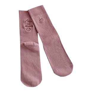 AB不对称袜子女后跟笑脸刺绣双针中筒袜春秋纯棉网红款秋冬堆堆袜