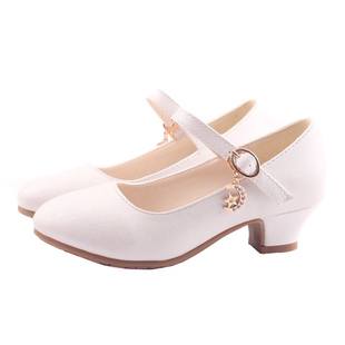女童鞋2023新款儿童皮鞋公主中大童水钻白色学生表演舞蹈高跟单鞋
