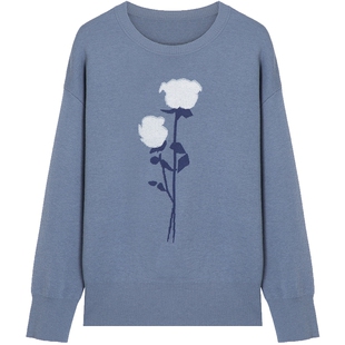 布景针织衫女春季新品简约立体感花朵装饰宽松长袖圆领毛衣0108