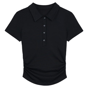 MULVAN 运动派少女 经典polo领正肩短上衣女褶皱收腰针织短袖t恤