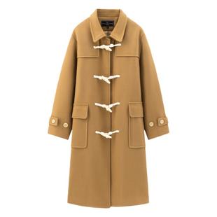 呢子夹棉大衣外套长款女驼色牛角扣大衣翻领维尼校刊东京岁时记JK