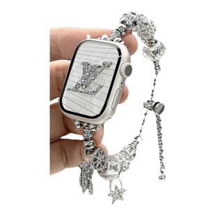 适用applewatchS10表带人造水晶串珠款iwatch9/8吊坠金属表带苹果手表S11/7/6/SE潘多拉小众高级调节手链女夏