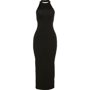 KLIOU 欧美辣妹黑色挂脖无袖连衣裙女性感露背紧身显身材开叉长裙