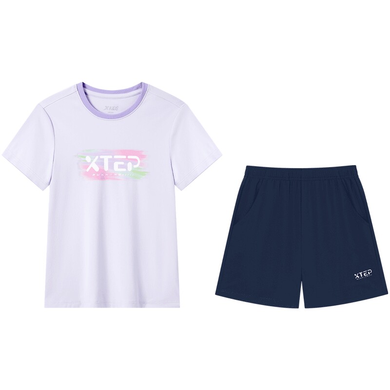 特步童装儿童夏季套装女童圆领短袖中大童运动两件套速干短袖套装