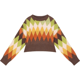 妖精的口袋复古撞色菱格提花毛衣女2025年冬季新款绵羊毛新年穿搭