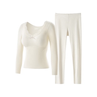 Goobras漫画保暖内衣女带胸垫加厚内搭蕾丝V领秋冬羊毛打底暖暖衣