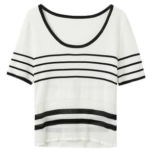 ibudu2025夏季新款条纹针织衫U领撞色修身毛衫短款女