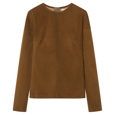 弹力绒面皮圆领修身长袖上衣