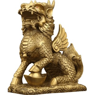 铜麒麟摆件一对纯黄铜八卦招财火麒麟家居卧室客厅办公室店铺摆设