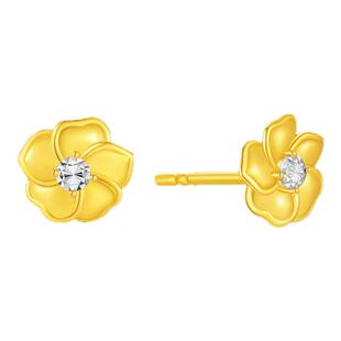 潮宏基至简花朵足金耳饰黄金耳钉金钻工艺送女友高级爆闪礼物