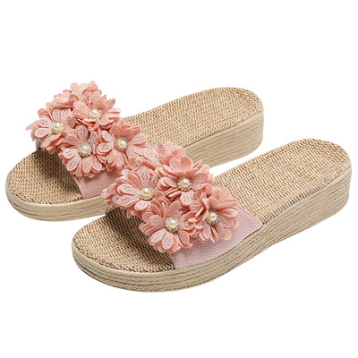 居家坡跟亚麻拖鞋甜美小雏菊