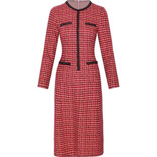 黛玛诗红色小香风连衣裙秋冬新款气质高腰显瘦长袖中长针织裙女