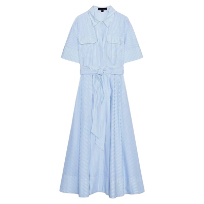 条纹配腰带府绸衬衣式连衣裙