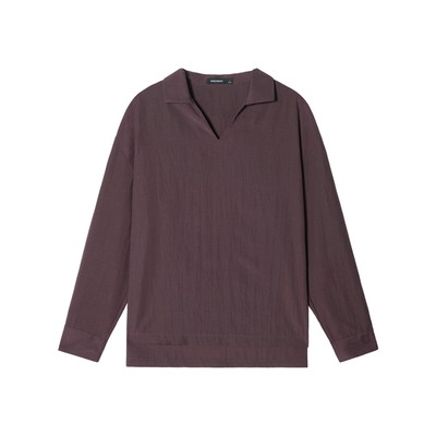 Unvesno(UN)亚麻莱赛尔极简V领慵感混纺套头衬衫秋季