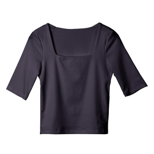 纯棉灰色方领中袖打底衫女2026新款秋季五七分袖修身低领t恤上衣