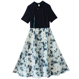 【水墨丹青】新中式连衣裙女复古花式盘扣轻薄收腰印花裙2025夏季