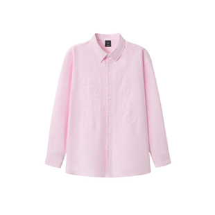 韦恩泽维尔大码男宽松粉色条纹卡通贴布绣加肥加大长袖衬衫9041