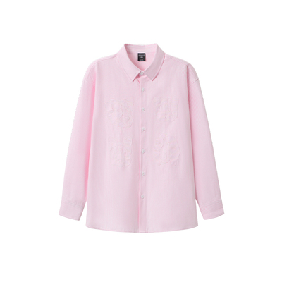 韦恩泽维尔大码男宽松粉色条纹卡通贴布绣加肥加大长袖衬衫9041