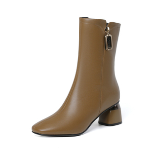 2025秋冬新款棕色复古加绒英伦风高跟女式中筒靴马丁靴女真皮靴子