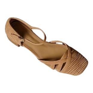 方头编织浅口凉鞋女夏季外穿2025新款法式复古中跟包头仙女风凉鞋