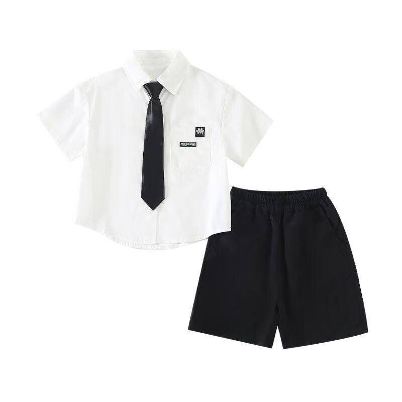 男童夏装领带衬衫短裤套装